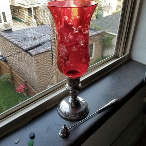 Sterling Silver and Red Etched Glass Candle Holder and Snuffer - Picture 1 of 14